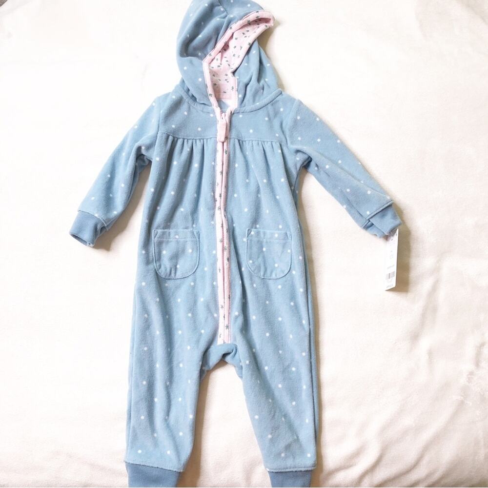 Carters baby girl blue pink one piece full zip hooded outfit size 6 months NWT